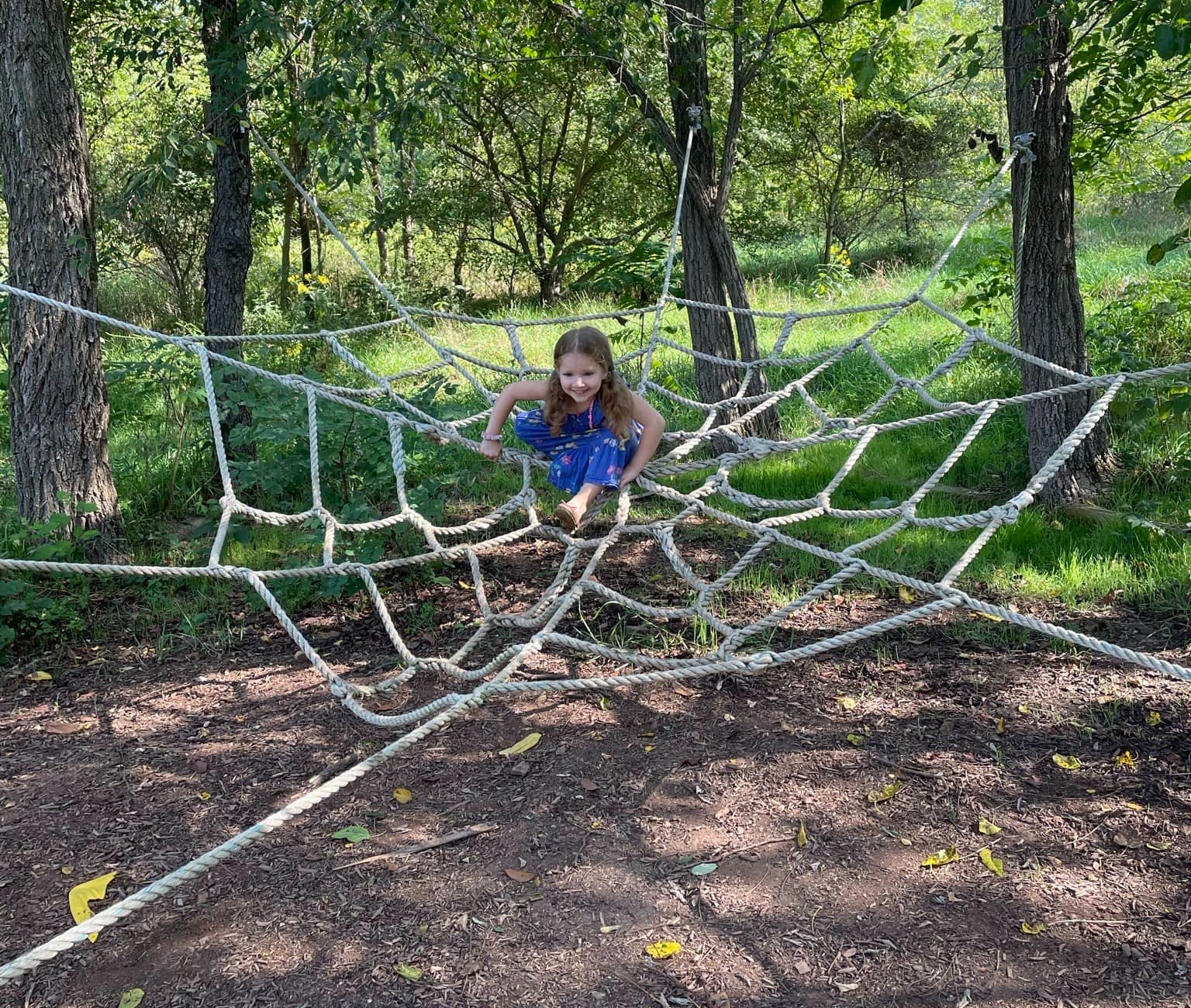 Little girl climbing a spider web